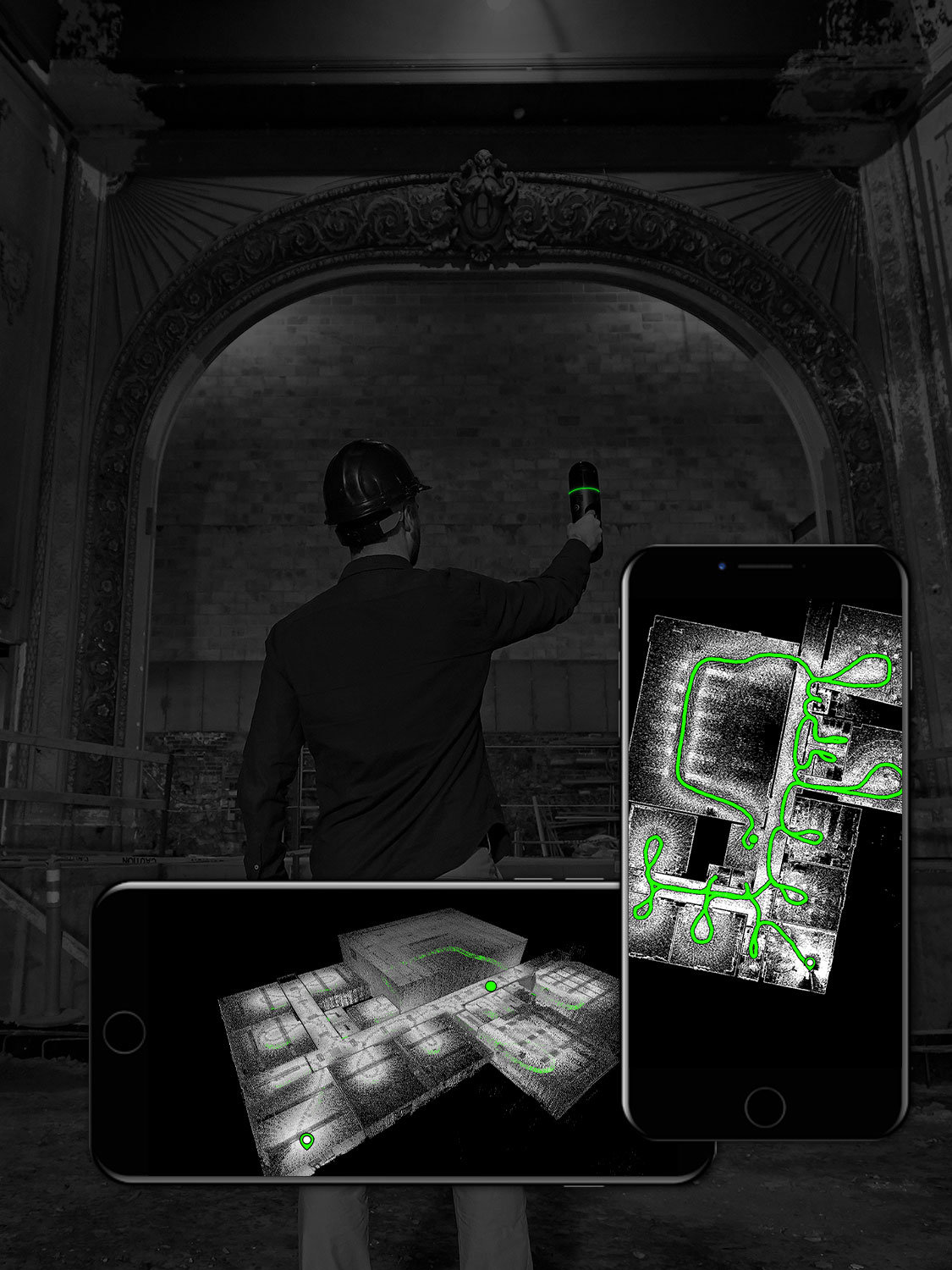Een man scant een kamer met de BLK2GO. De iPhone toont gegevens in de BLK2GO Live App.